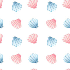 Pink and blue shells in repeating rows shape this watercolor clipart and hand drawn seamless pattern for fabric crafts, childrens products, stationery sets, gift wrap, and coastal-themed merchandise