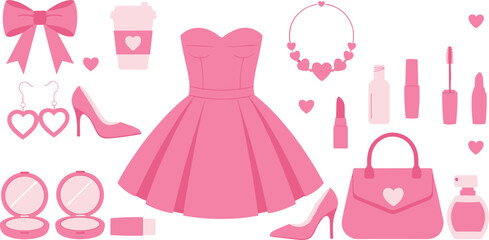 Pink girly fashion clipart set with dress, heels, handbag, makeup, accessories and beauty elements for crafts, stickers, planners and design projects