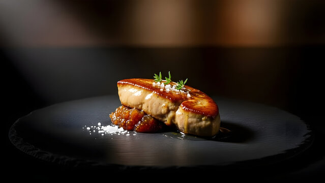 Gourmet Pan Seared Foie Gras with Herb Garnish on a Black Plate.