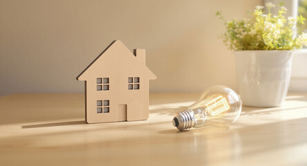 Wooden house cutout with light bulb and indoor plant showing home energy and eco-friendly living concept