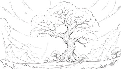 Large tree with twisted trunk and branches in a landscape with smaller trees and grass