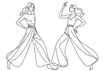 Stylish fashion models sketch. Fashion girls in very vide pants dancing line sketch two fashion girls in very long black baggy wide pants , in dynamic posed, part of illustration, without shoes