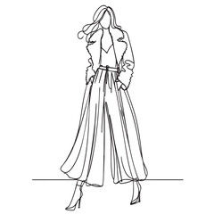Fototapeta premium line sketch fashion girl in very long wide pants clothes shoes and leather winter sheepskin black coat