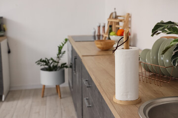 Roll of paper towels on counter in kitchen, closeup