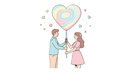 Love's Sweet Gesture: A tender moment unfolds as a couple shares a giant, colorful heart-shaped lollipop, a whimsical symbol of love, affection, and sweetness.