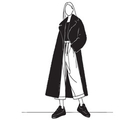 line sketch fashion girl in very long wide pants clothes shoes and winter sheepskin black coat
