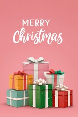 Colorful Christmas gift boxes on pink background