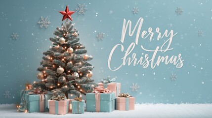 Christmas tree with gifts and falling snow on pastel background