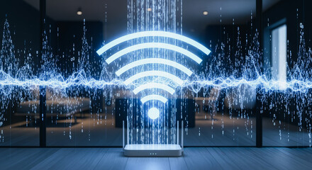 A futuristic image portrays the concept of connectivity and advanced technology, with a central Wi-Fi symbol radiating signals against a backdrop of digital aesthetics. 
