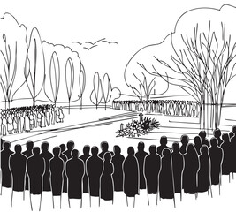 line sketch black flat funeral crowd behind