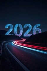 A dynamic and futuristic night scene captures a winding road marked by the vibrant streaks of red and blue light trails, conveying speed, movement, and the flow of time. Dominating the dark sky above 