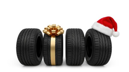 A creative arrangement of four brand-new, dark automotive tires is presented against a pristine white studio background. One tire is adorned with a lavish golden ribbon and an elaborate bow, symbolizi