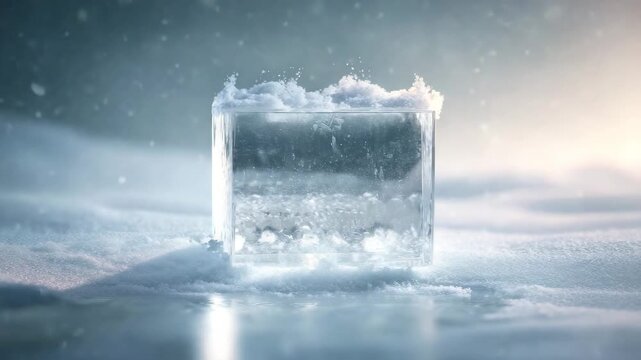 Ice cube surrounded by fresh snow