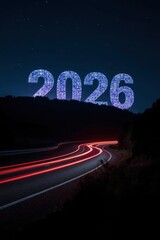 A visually striking depiction of the year 2026, rendered in an intricate digital circuit pattern, glows brightly against a dark, star-speckled night sky. This futuristic numerical display hovers above