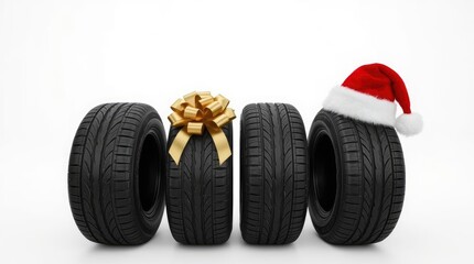 A vibrant studio shot showcasing four automotive tires arranged in a row against a clean white background, creating ample copy space. One tire is adorned with a bright golden gift bow, symbolizing a p
