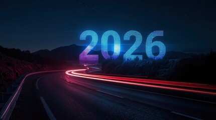 A visually striking digital rendering of the year 2026 glows prominently with a pixelated, neon-blue and purple light, set against a deep, star-studded night sky. Below, a dark, winding road is illumi
