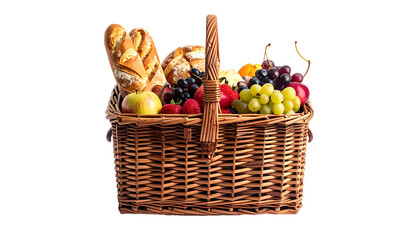 Charming wicker picnic hamper filled with delectable treats for a leisurely outdoor experience isolated on solid white background Png4