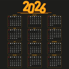 Modern Dark Theme 2026 Calendar Vector