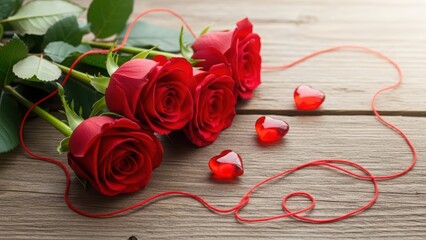 Four red roses with small red hearts and string on wooden table