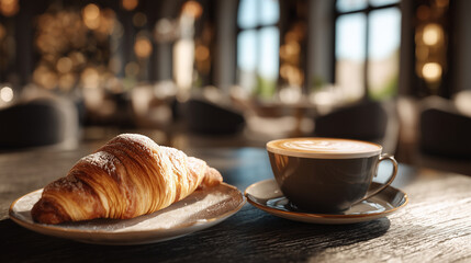 Ai enjoying a fresh croissant and coffee in a cozy cafe setting during the morning hours