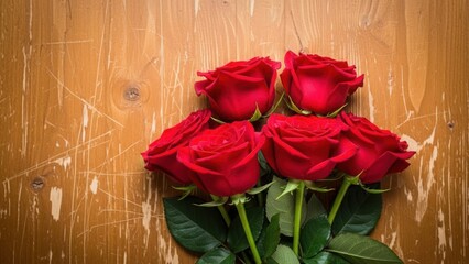 Bouquet of five red roses with water droplets lying on a rustic wooden table