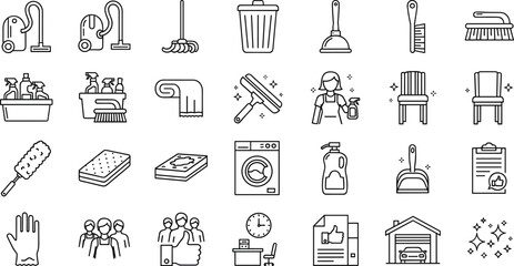 Cleaning service line icon set featuring tools, detergents, equipment, housekeeping supplies, sanitation symbols, staff, checklists, and home maintenance elements