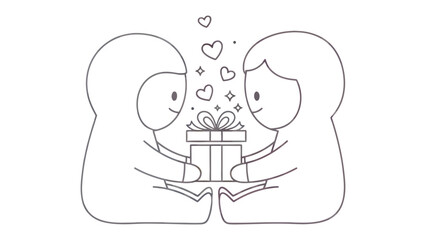 Illustration of Gift Exchange: A tender moment unfolds as two individuals exchange a heartfelt gift. A shower of hearts cascades, representing affection and love.