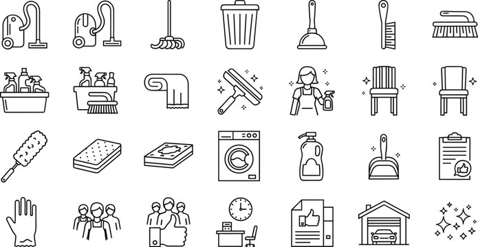 Cleaning service line icon set featuring tools, detergents, equipment, housekeeping supplies, sanitation symbols, staff, checklists, and home maintenance elements