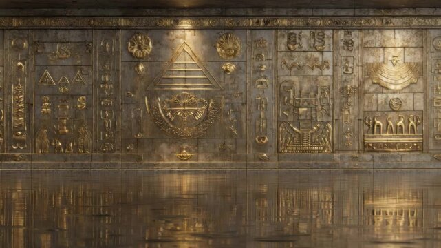 Golden ancient symbols engraved in stone wall