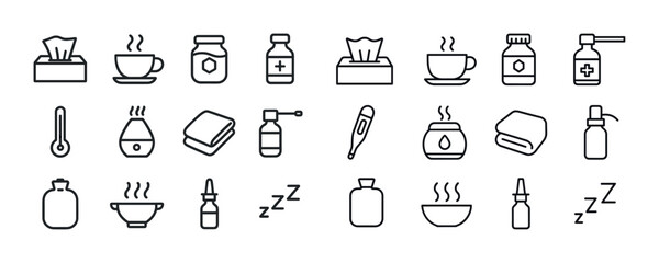 Naklejka premium Essential cold and flu icons featuring medication, tissues, and
