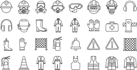 Construction safety PPE icon set featuring hard hats, gloves, goggles, vests, boots, barriers, warnings and protective gear for signs and educational materials