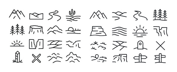 Obraz premium Minimalist landscape icons illustrating mountains and nature ele