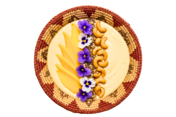 Healthy mango smoothie bowl with cashews and edible flowers on isolated background