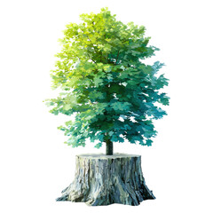 Fototapeta premium Remains of a felled tree with stump cut concept. Vibrant green tree growing from a tree stump with lush foliage.