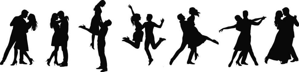 Silhouettes of dancing couples in joyful and expressive poses representing romance, celebration, movement, harmony, love, connection, and energetic dance performance.