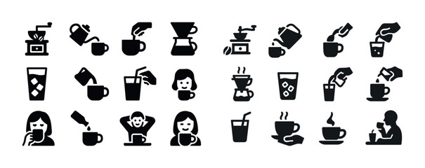 Obraz premium Coffee icons: brewing, drinking, preparing diverse styles in mon