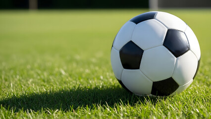 Fototapeta premium A soccer ball on a green grassy field on a sunny day