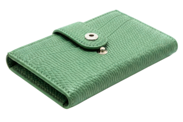 Small green textured leather wallet with a snap button clasp on isolated background