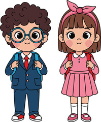 Cute school kids clipart set featuring boy and girl students with backpacks, perfect for teachers, classrooms, education projects, and printable designs