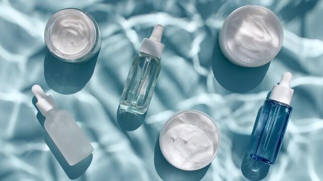 Bottle with for serum, oil, emulsion and reflections sunlight in slow motion. Drop shadow effect with wave refraction of light. Sun and shadows. Layout for advertising goods, cosmetic products. 4k 