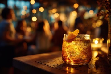 Intimate bar moment: ice-filled cocktail with condensation and moody illumination