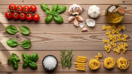 Fresh ingredients for Italian cooking including tomatoes basil garlic pasta and olive oil arranged on a rustic wooden table for a culinary concept