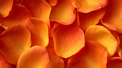 Vibrant full-frame orange rose petal background, warm saturated tones, realistic botanical textures, sunlight-inspired soft glow, lively and eye-catching yet elegant.
