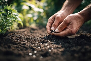 Intimate hands-on moment: planting grass seeds by hand in garden soil under natural daylight