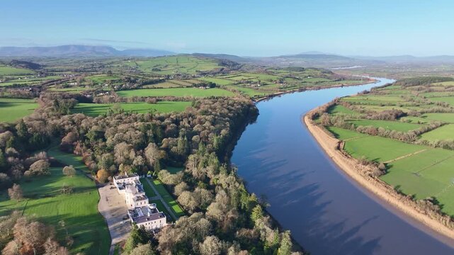 Aerial landscape view Mount Congreve House And Gardens with majestic Suir River Waterford Ireland