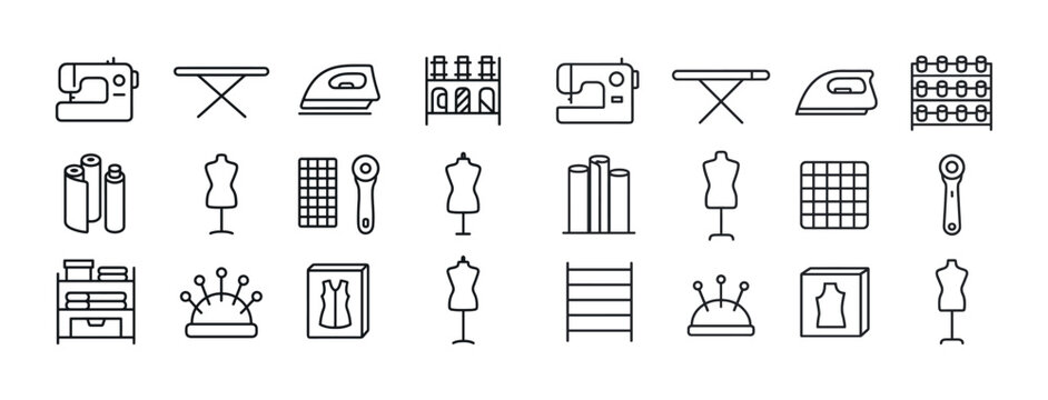 Sewing tools and equipment icons: sewing machine, ironing board,