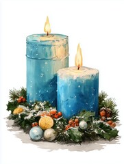 Watercolor Christmas candles with festive wreath and berries