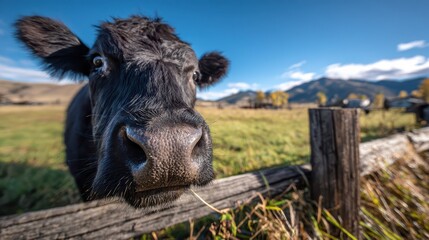 Intimate shot of a black bovine with textured fur in a sunlit pasture