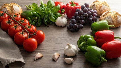 Fresh vibrant ingredients including tomatoes peppers grapes garlic and bread arranged on a rustic wooden table perfect for culinary concepts and healthy eating