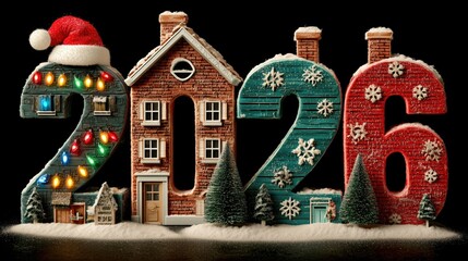 Festive 2026 Christmas numbers made of cozy houses on black background